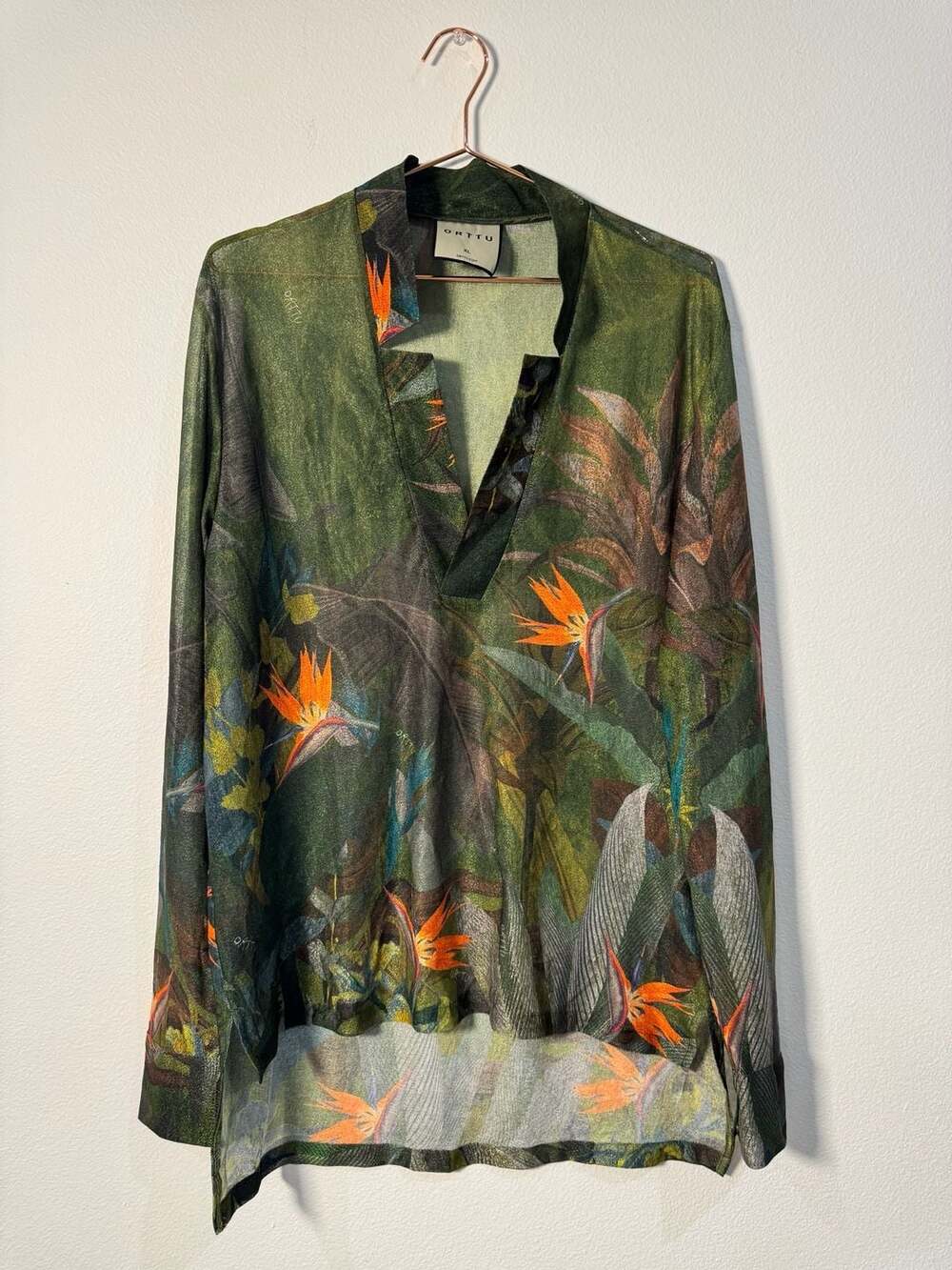 ORTTU Bird of Paradise Tropical Print V-Neck Tunic Shirt Size XL